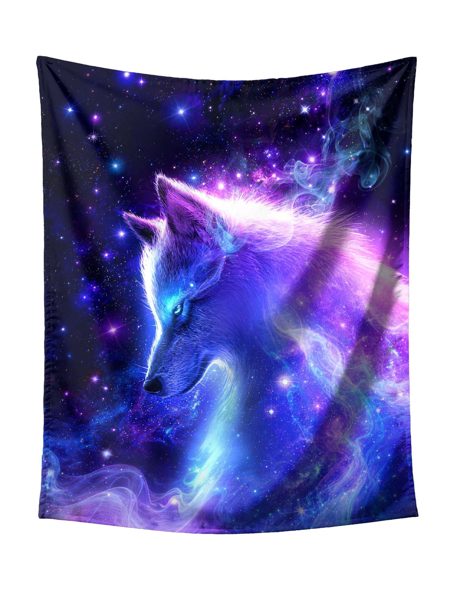 Front-Facing Cosmic Wolf (Purple-Blue Gradient) on Starry Galaxy with Swirling Clouds Tapestry - Mystical Fantasy Wall Hanging for Bold Home Decor