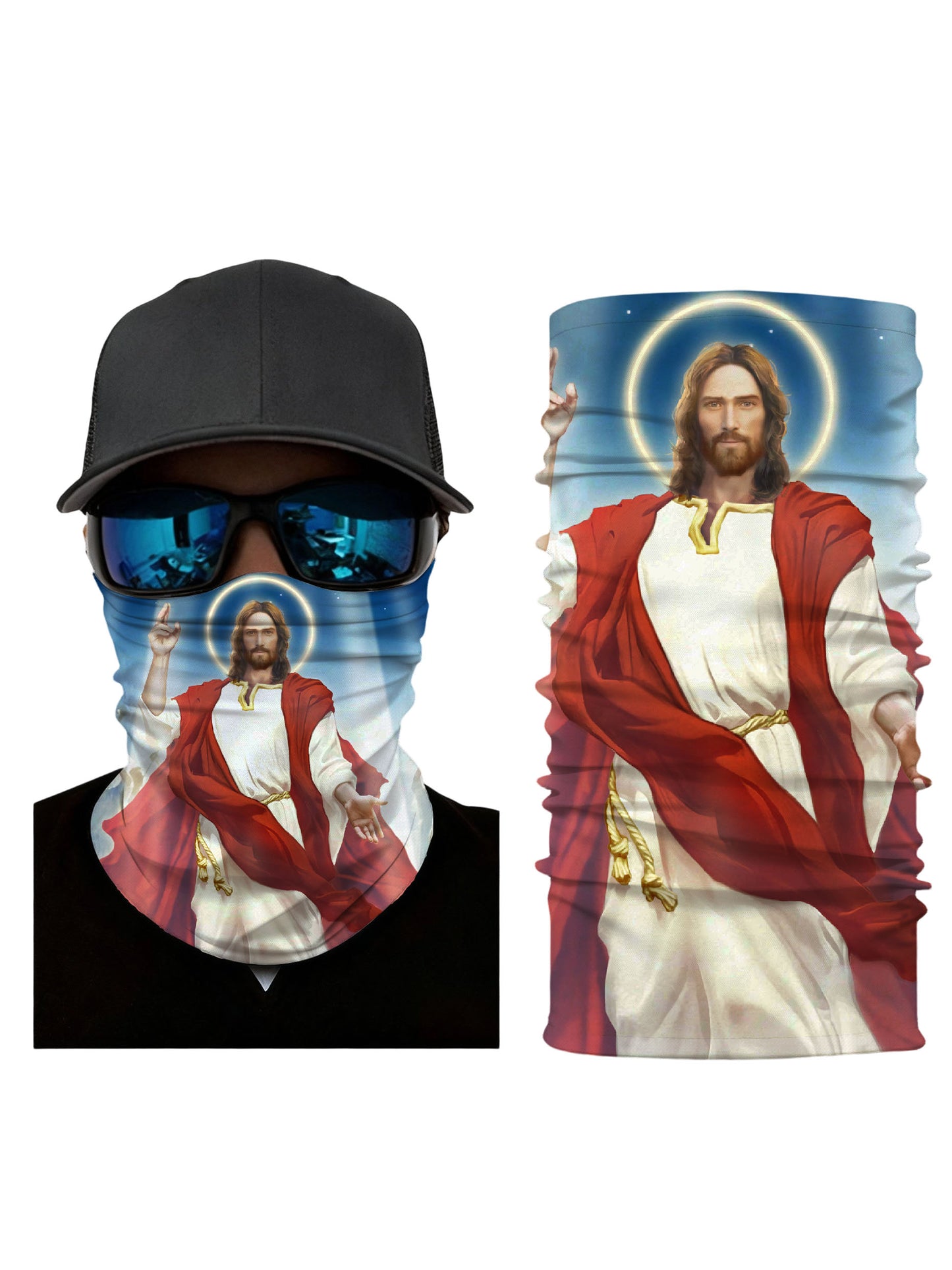 Neck Gaiter with 3D all over print featuring sacred Jesus figure in red robe and halo, Aesthetic spiritual design, unisex, soft stretchy, UV protection
