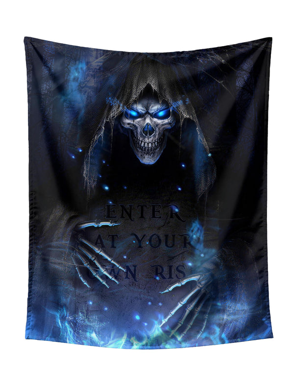Grim Reaper Skull In Dark Forest With "Enter At Your Own Risk" Tapestry - Mysterious Dark Fantasy Wall Hanging for Gothic Home Decor