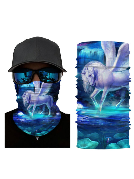 Neck Gaiter with 3D all over print featuring ethereal winged unicorn in galaxy nebula, Aesthetic style, unisex, breathable fabric, UV protection
