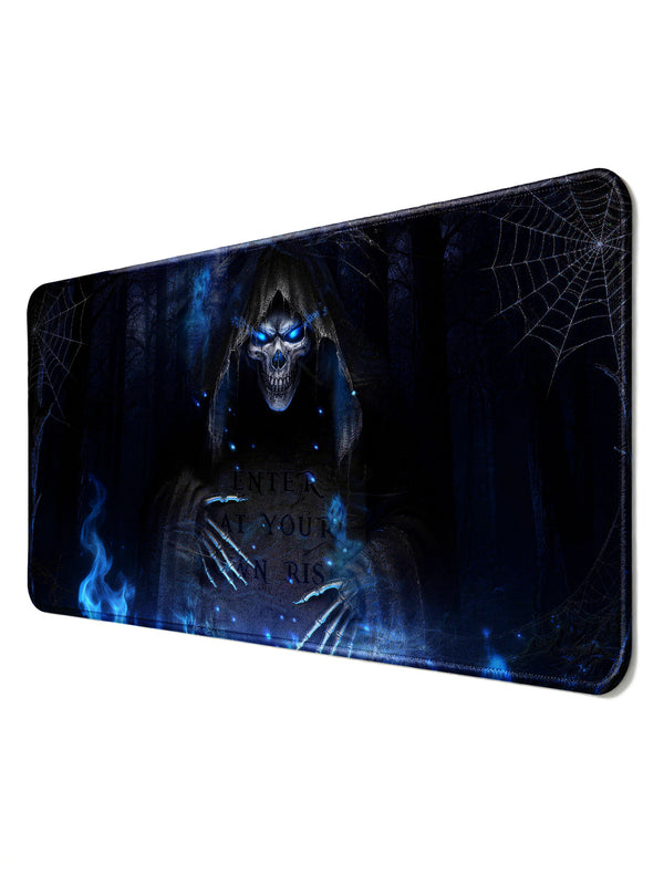 Grim Reaper In Dark Forest With Cobwebs & Blue Flames Desk Mat