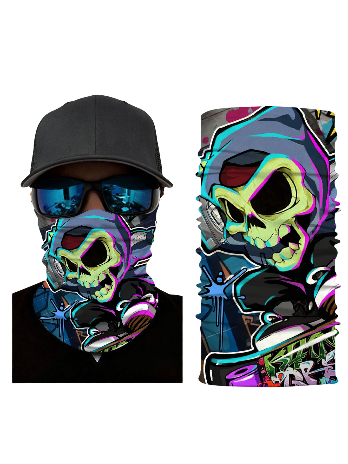 Tube Face Mask with 3D all over print graffiti skull design, Streetwear style unisex neck gaiter, soft stretchy breathable fabric for outdoor sports