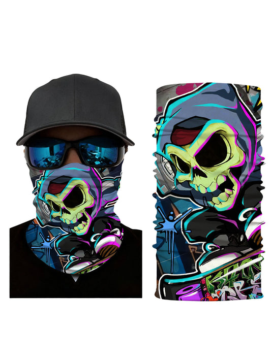 Tube Face Mask with 3D all over print graffiti skull design, Streetwear style unisex neck gaiter, soft stretchy breathable fabric for outdoor sports