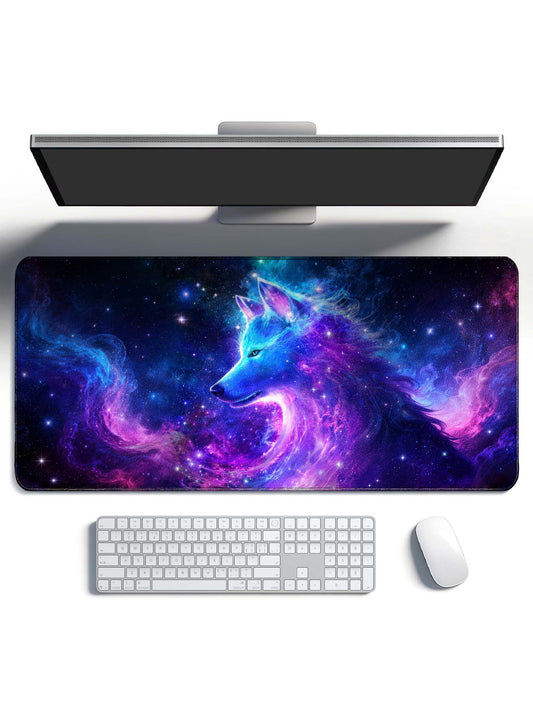 Side Profile Cosmic Wolf In Swirling Nebula Desk Mat