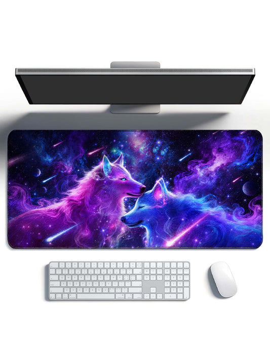 Two Cuddling Cosmic Wolves With Shooting Stars & Nebula Desk Mat