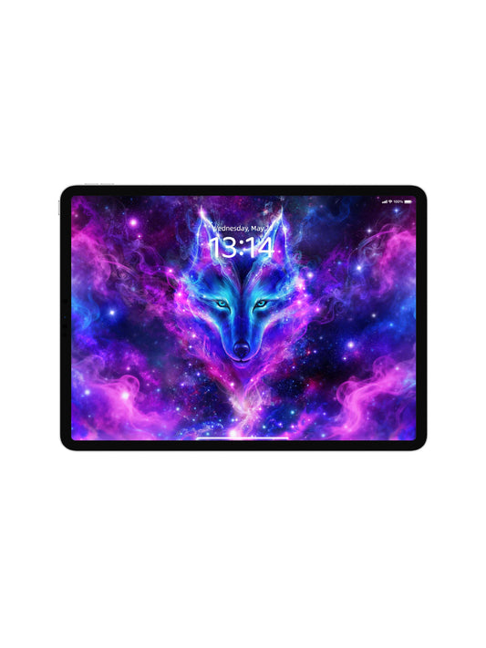 Neon Glowing Galaxy Wolf Head Digital Wallpaper