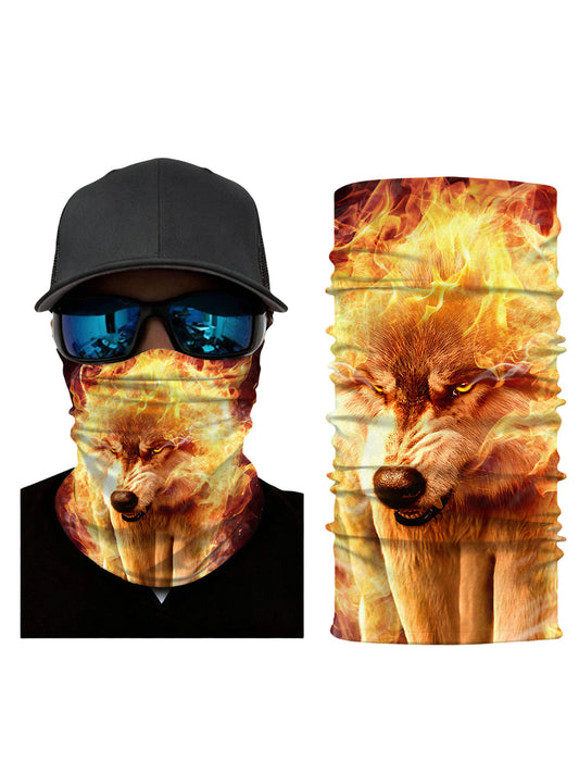 Tube Face Mask with 3D all over print fiery wolf design, Streetwear aesthetic unisex neck gaiter, soft stretchy breathable fabric for outdoor sports