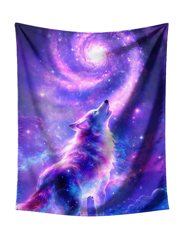 Howling Cosmic Wolf (Purple-Blue Gradient) Towards Spiral Galaxy on Starry Galaxy Tapestry - Mystical Fantasy Wall Hanging for Bold Home Decor