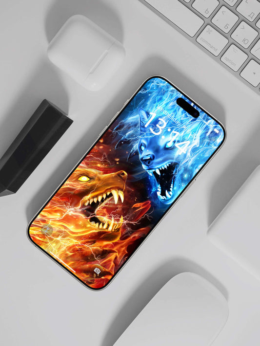 Frostfire Wolf Duel Phone Wallpaper