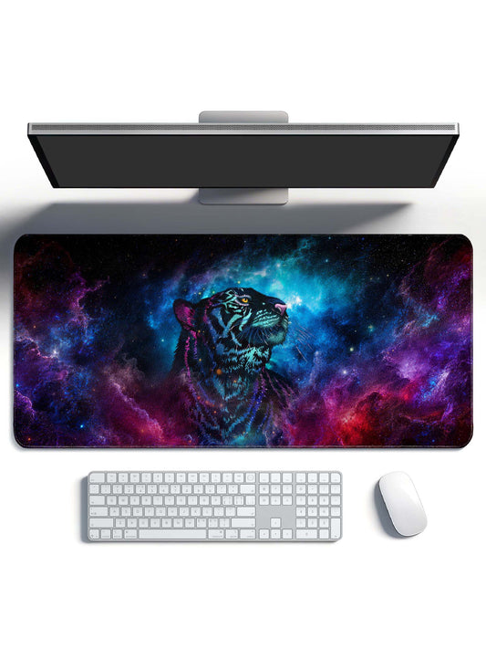 Cosmic Tiger With Nebula Clouds & Stars Desk Mat