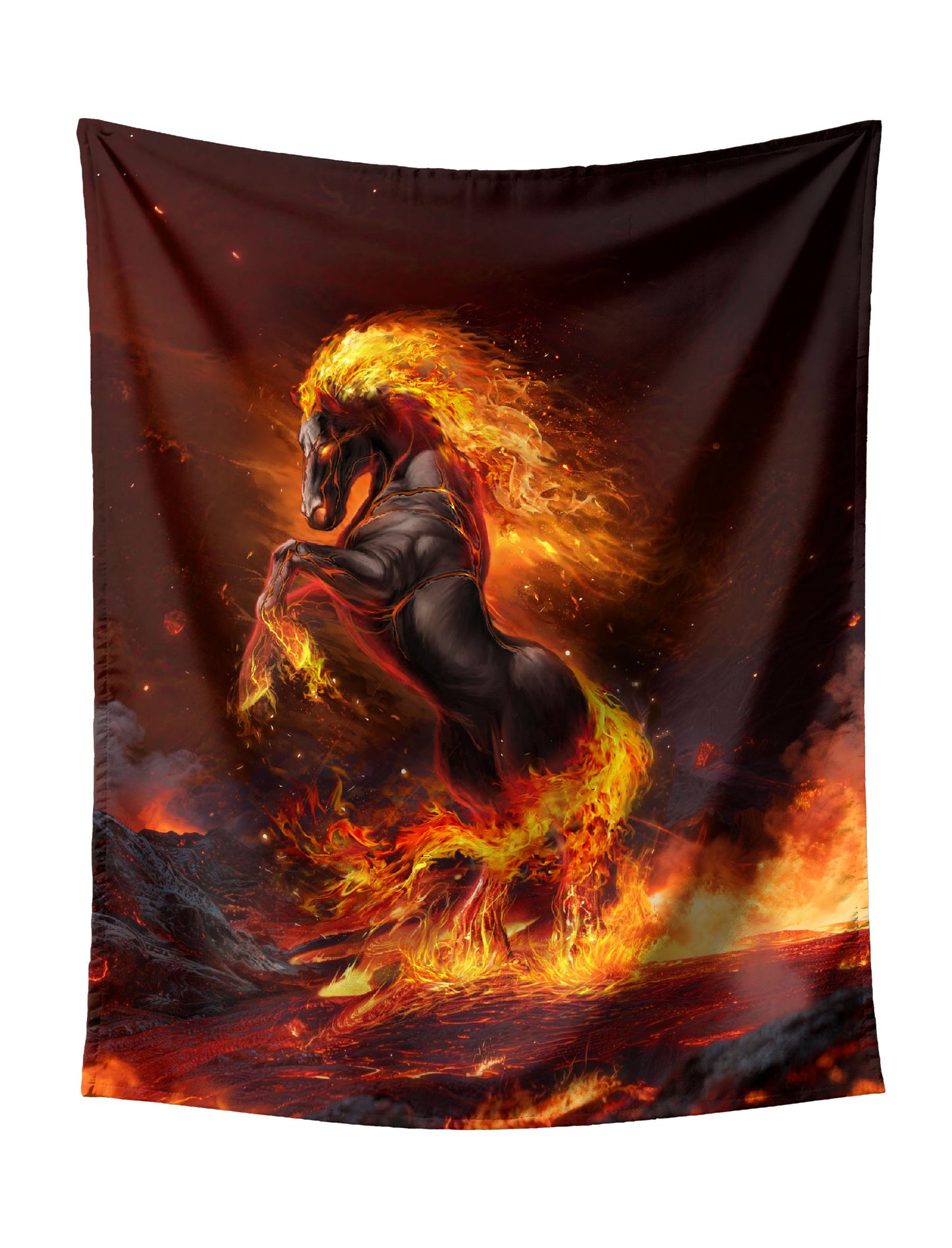 Fiery Horse Rearing On Volcanic Lava Tapestry - Intense Dark Fantasy Wall Hanging for Bold Home Decor