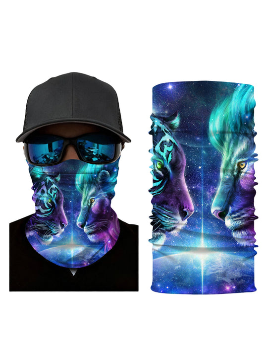 Unisex Neck Gaiter with 3D all over print featuring cosmic tiger and lion faces, galaxy nebula design, aesthetic style, breathable fabric, windproof, soft stretchy for outdoor use