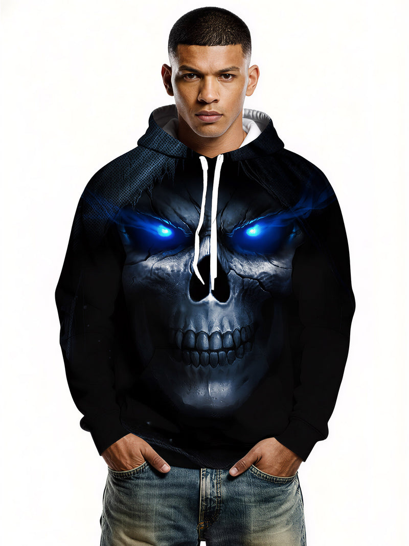 3D All Over Print Skull Hoodie with Glowing Blue Eyes for Men Women, Gothic Streetwear Style
