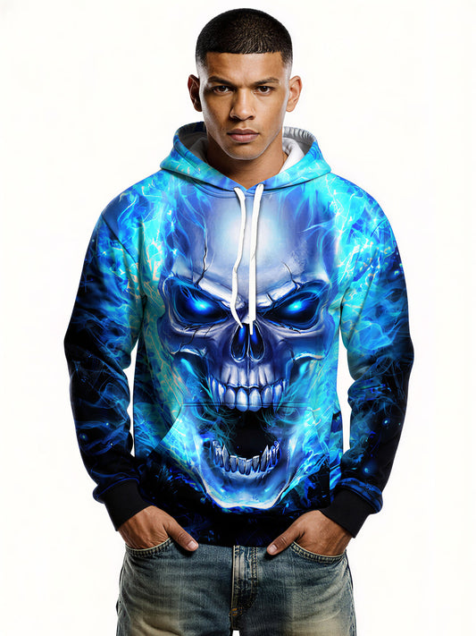 3D All Over Print Blue Fire Skull Hoodie for Men Women Streetwear Graphic Pullover