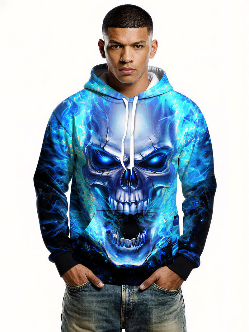3D All Over Print Blue Fire Skull Hoodie for Men Women Streetwear Graphic Pullover