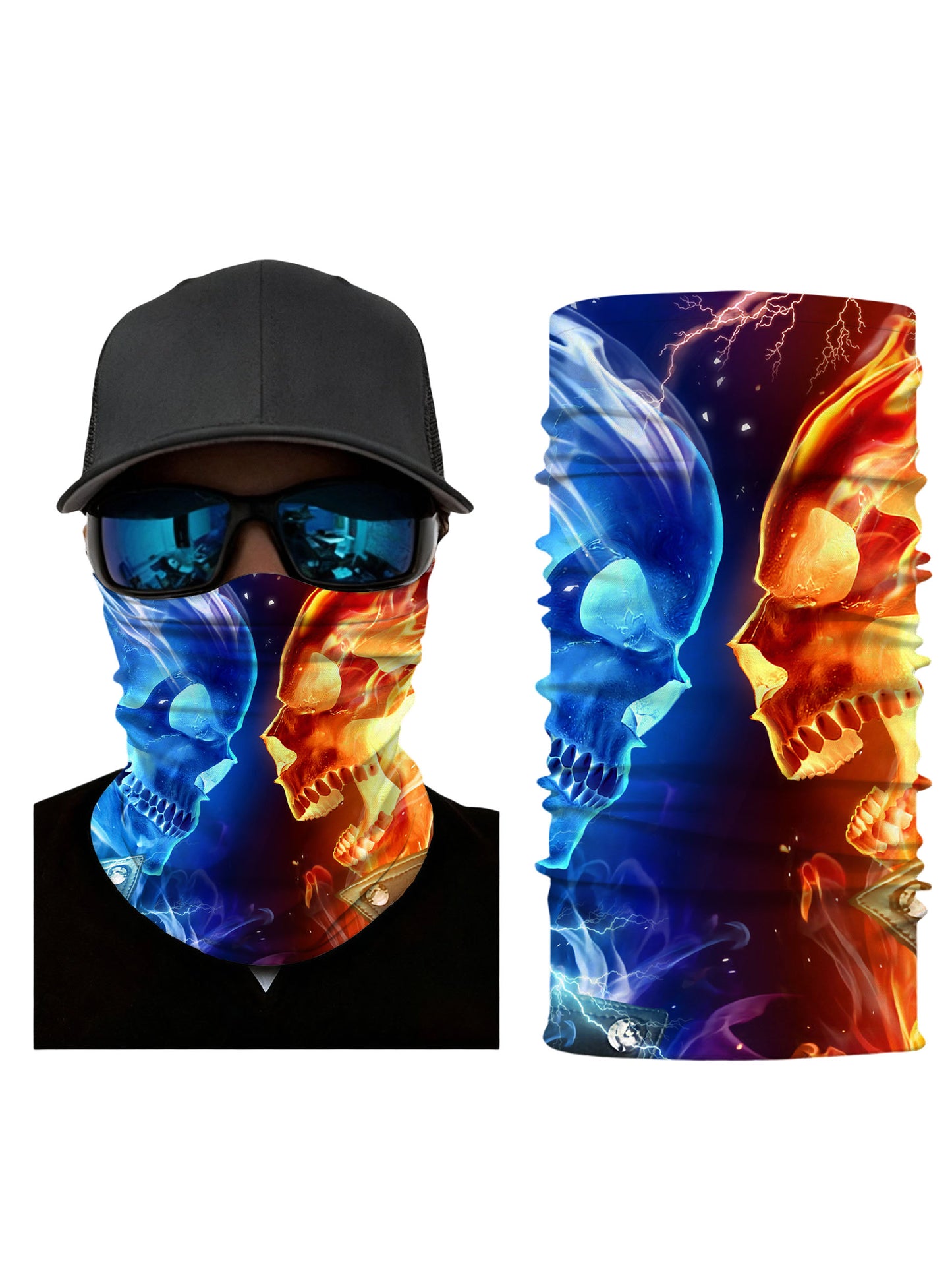 Tube Face Mask with 3D all over print graffiti skull design in electric blue and fiery orange, Streetwear unisex style, breathable fabric, windproof for outdoor sports