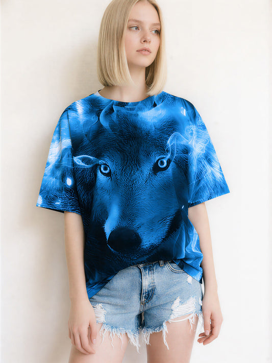 3D All Over Print Wolf T-Shirt for Men Women Blue Flame Art Style