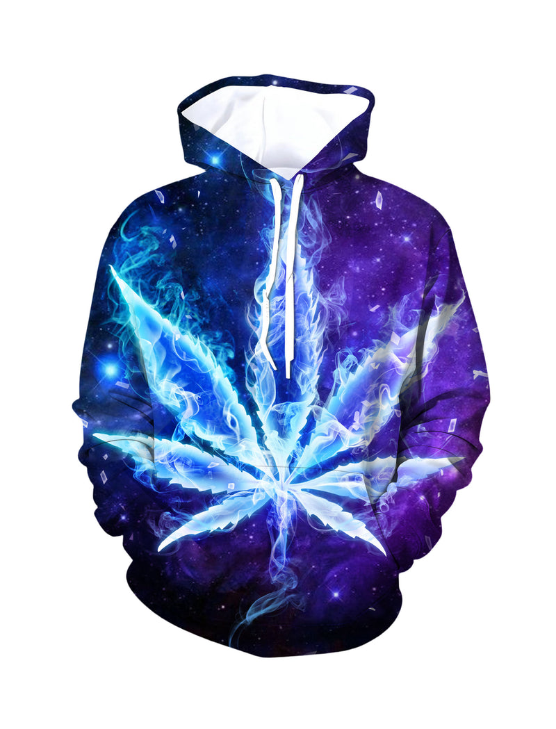 Blue Flame Galaxy Cannabis Leaf 3D Unisex Edgy Streetwear Hoodie