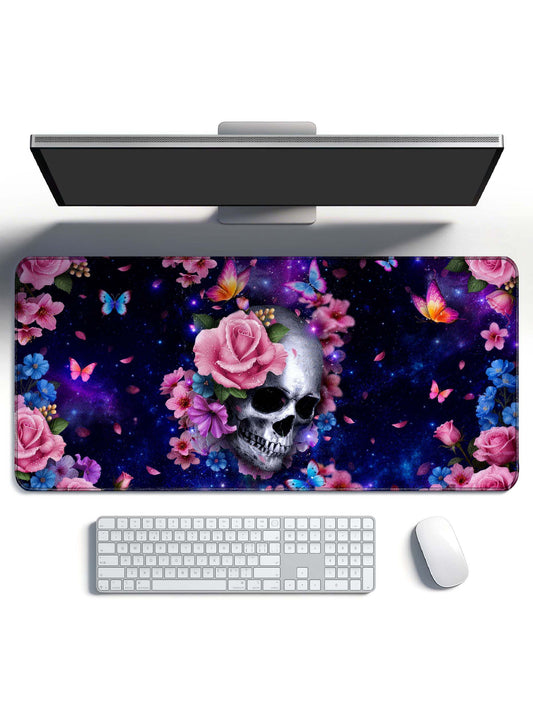 Skull Surrounded By Pink & Blue Flowers & Butterflies In Cosmic Galaxy Desk Mat