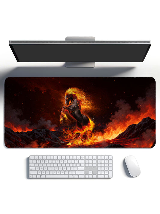 Inferno Fire Horse Rearing In Volcanic Landscape Large Desk Mat