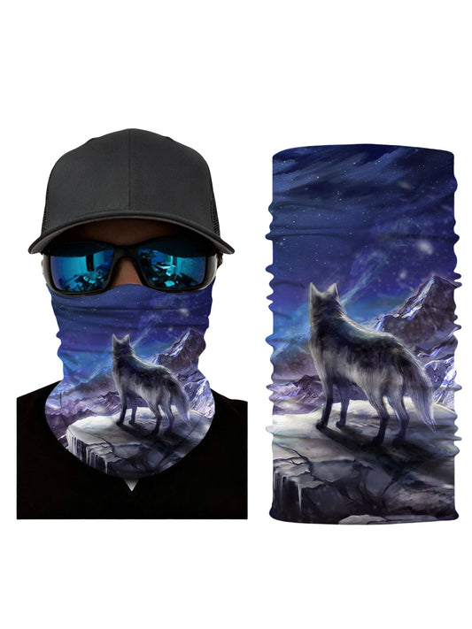 Unisex Neck Gaiter with 3D all over print featuring a lone wolf on icy cliff under starry nebula sky, Aesthetic style, breathable fabric, windproof for outdoor adventures