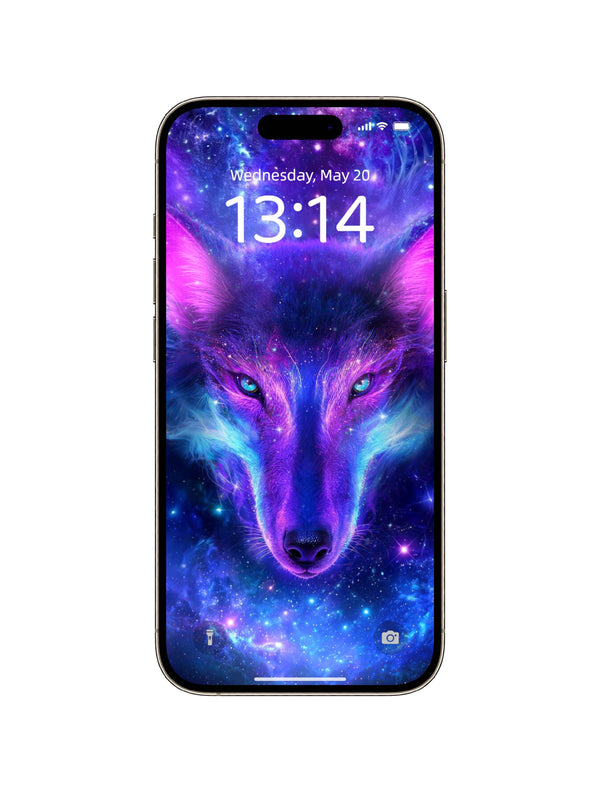 Front View Glowing Eyes Galaxy Wolf Digital Wallpaper