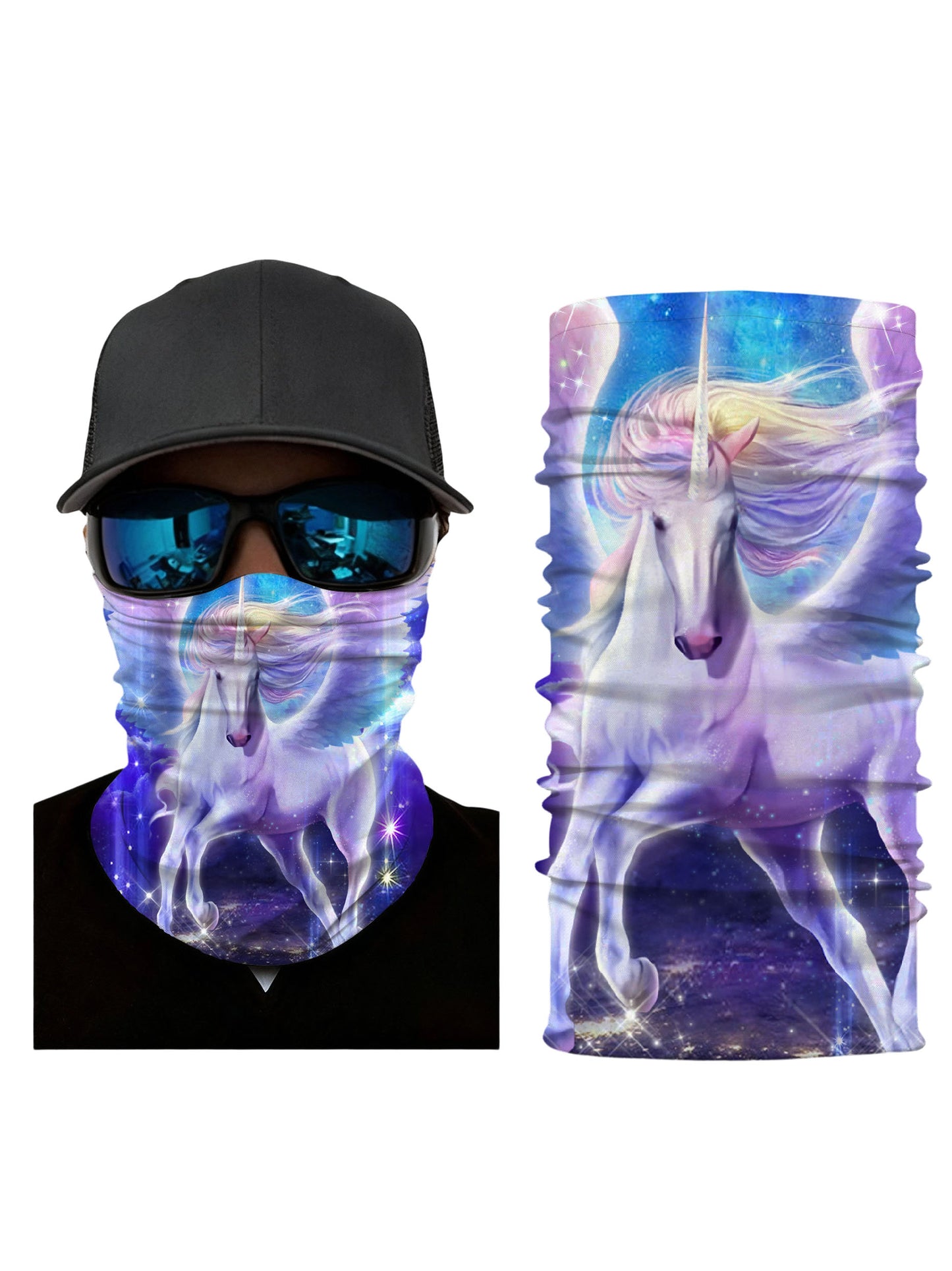 Unisex Neck Gaiter with 3D all over print featuring galaxy nebula unicorn wings, Aesthetic style, breathable fabric, soft stretchy, UV protection for outdoor wear