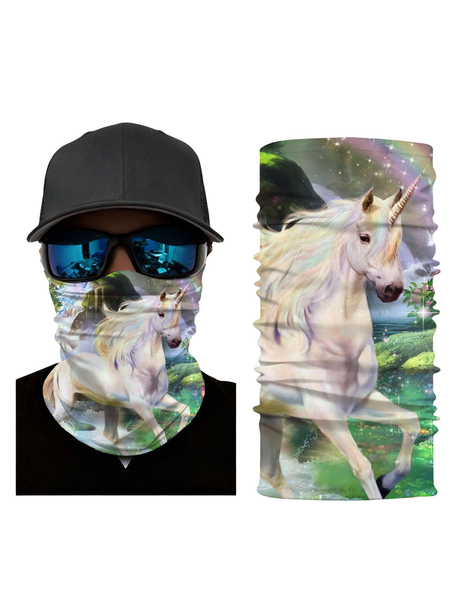 Unisex Neck Gaiter with 3D all over print featuring magical unicorn in enchanted forest, fairy and butterfly, Aesthetic style, soft stretchy & breathable fabric for outdoor wear