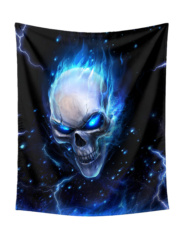 Blue Flaming Skull Front View With Lightning Tapestry - Cool Dark Fantasy Wall Hanging for Edgy Home Decor