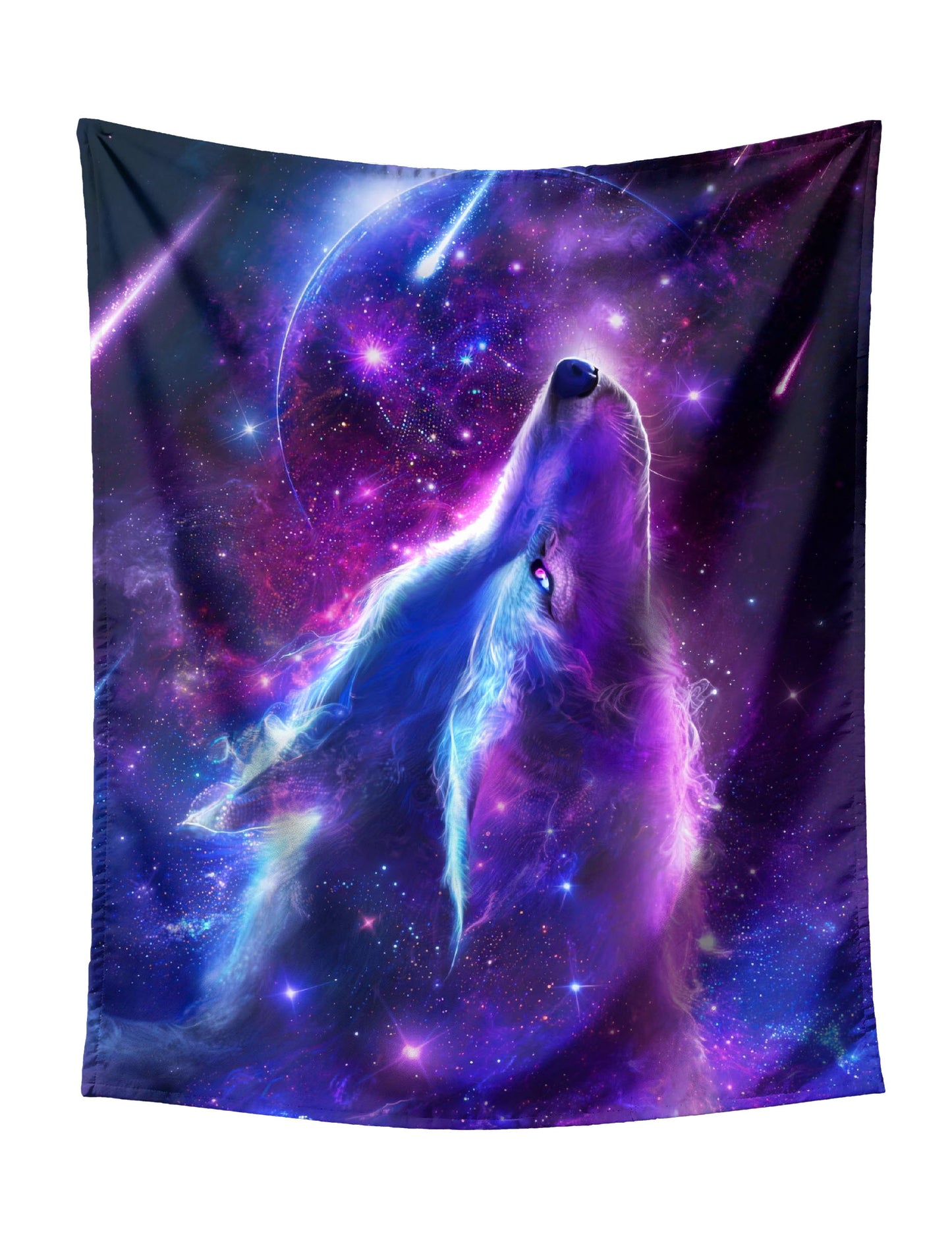 Side-Profile Cosmic Wolf (Purple-Blue Gradient) with Large Planet on Starry Galaxy with Swirling Nebulae Tapestry - Mystical Fantasy Wall Hanging for Bold Home Decor