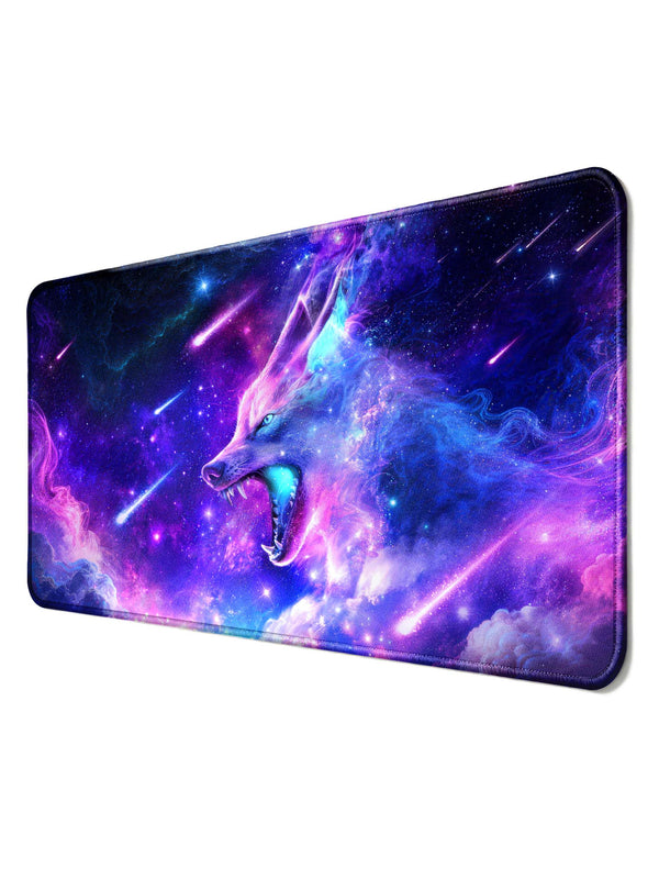 Roaring Cosmic Wolf With Nebula & Shooting Stars Desk Mat
