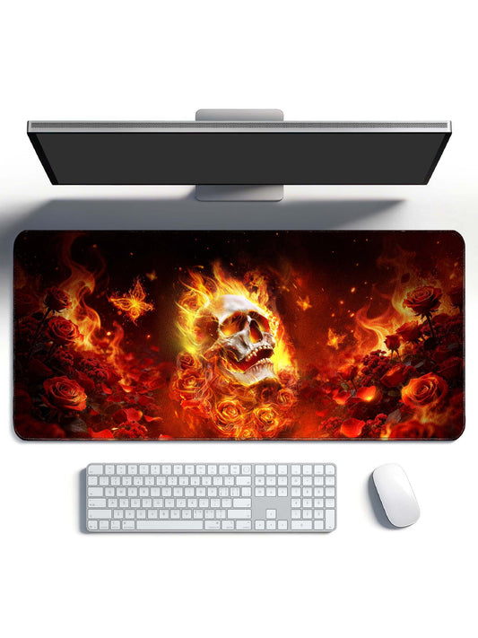 Gothic Red Rose & Fiery Skull Large Extended Gaming Desk Mat