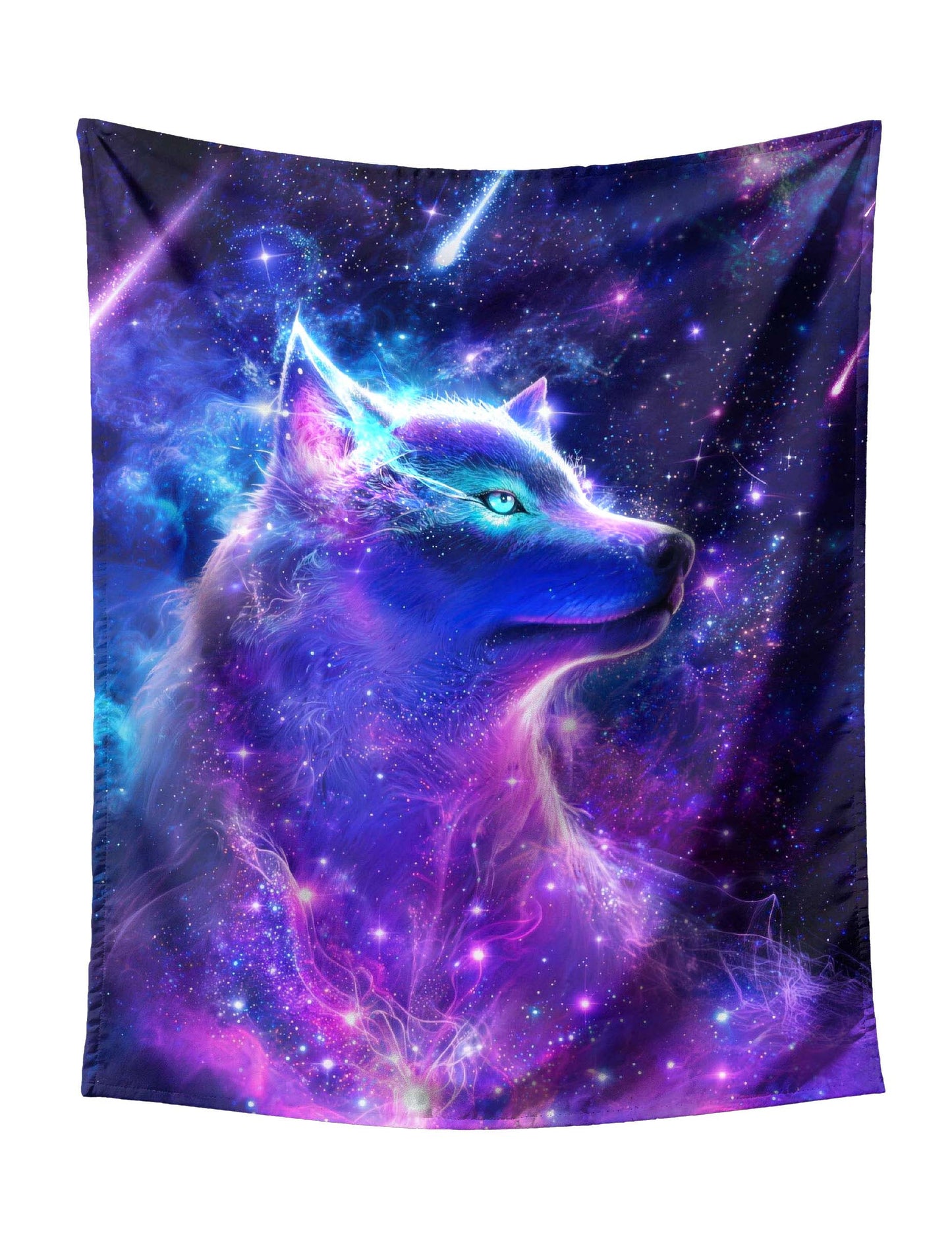 Side-Profile Gazing Cosmic Wolf with Blue-Purple Gradient on Starry Galaxy & Shooting Stars Tapestry - Mystical Fantasy Wall Hanging for Bold Home Decor