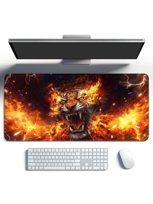 Fiery Tiger Roaring With Lightning & Flames Large Gaming Desk Mat