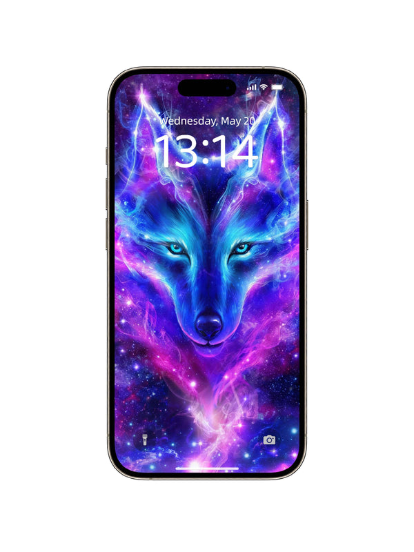Neon Glowing Galaxy Wolf Head Digital Wallpaper