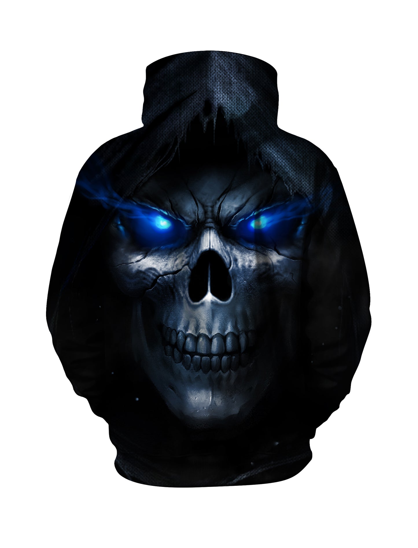 3D All Over Print Skull Hoodie with Glowing Blue Eyes for Men Women, Gothic Streetwear Style