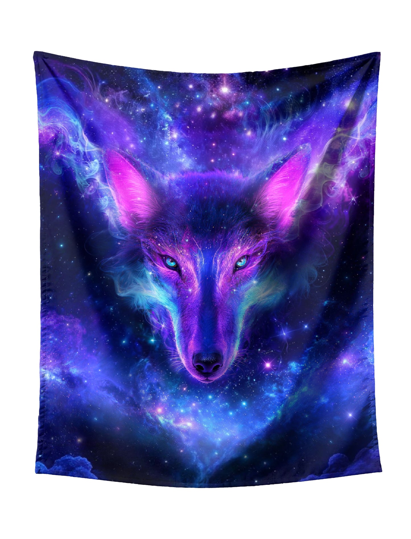 Smiling Side-Profile Cosmic Wolf (Purple-Blue Gradient) on Starry Galaxy with Swirling Smoke Tapestry - Mystical Fantasy Wall Hanging for Bold Home Decor