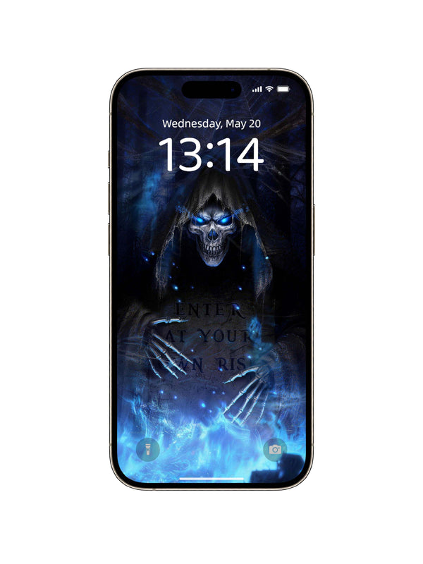 Blue Flame Grim Reaper Skull Digital Wallpaper