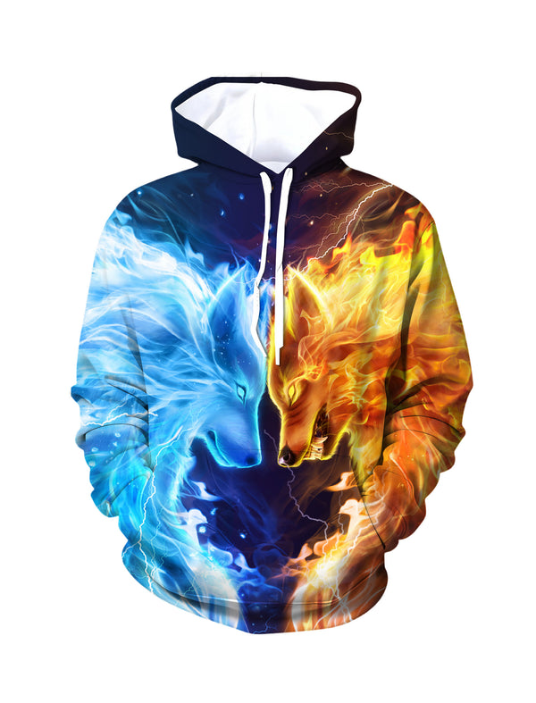 Men Women 3D All Over Print Fire Ice Wolf Hoodie Sweatshirt Graphic Pullover