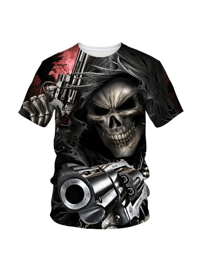 3D All Over Print Skull Gun Hoodie for Men Women, Edgy Gothic Style Graphic Sweatshirt T-Shirt