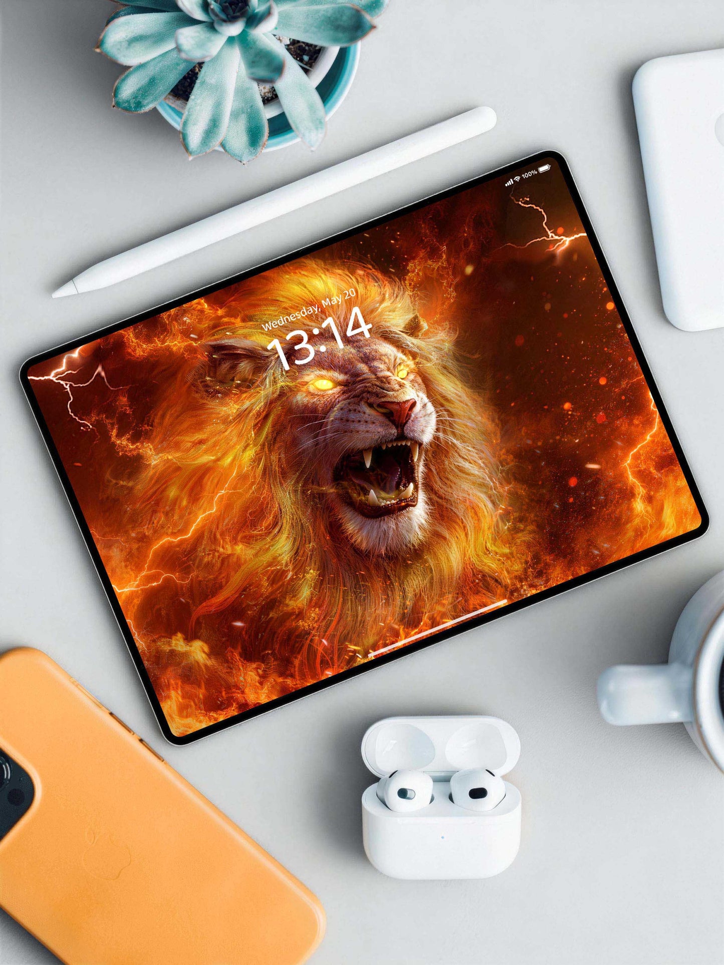 Roaring Flame Lion Digital Wallpaper