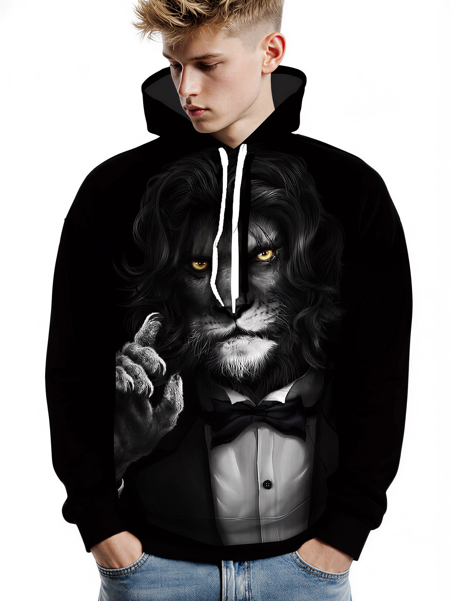 Men Women 3D All Over Print Lion Tuxedo Hoodie with Bowtie and Red Rose