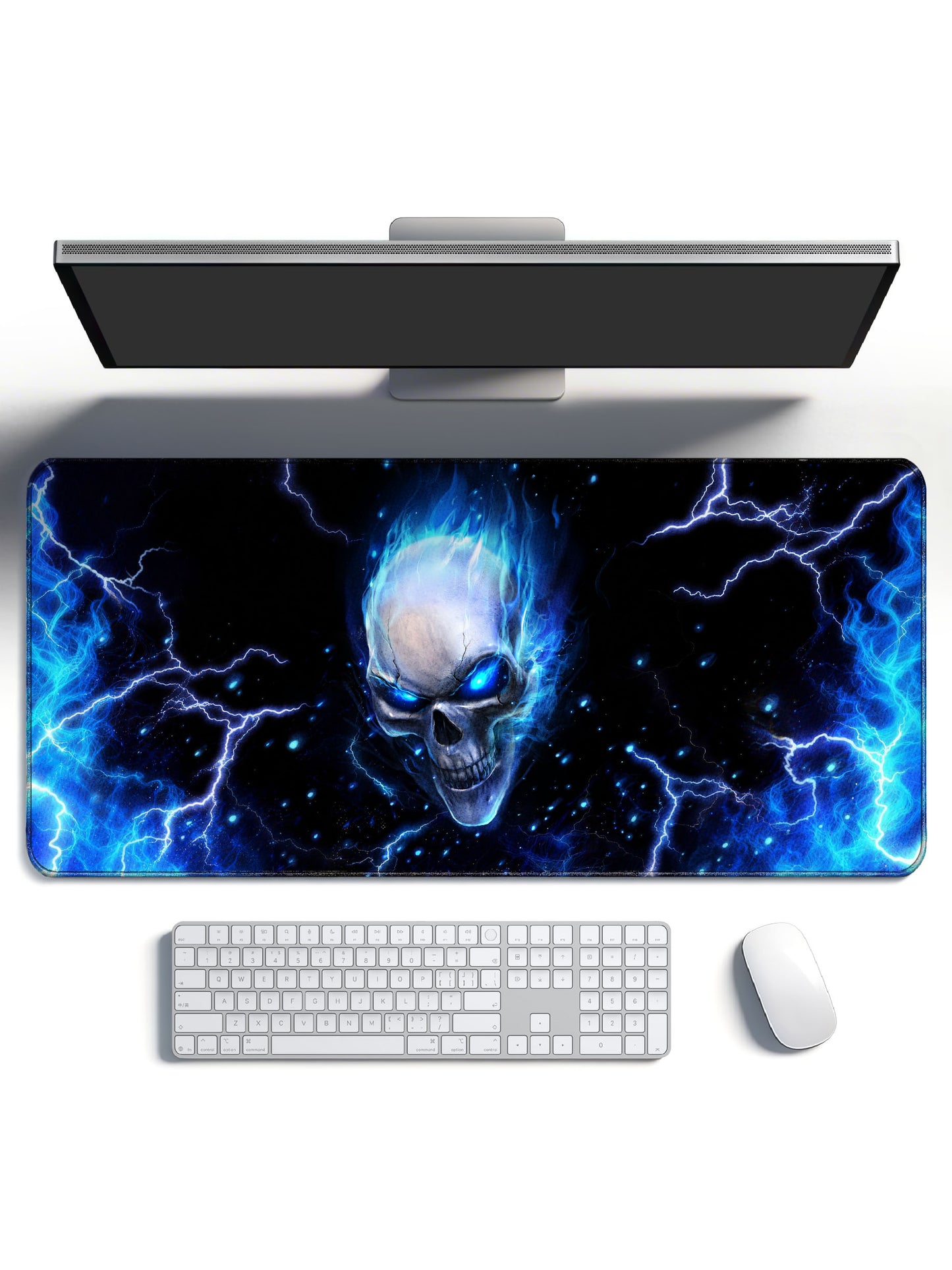 Blue Flame Skull Close-Up With Glowing Eyes & Lightning Desk Mat