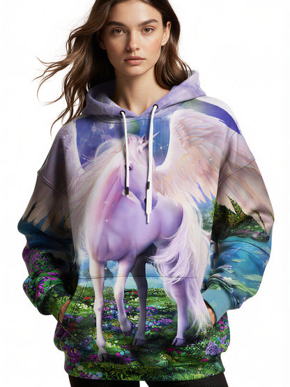 3D All Over Print Unicorn Hoodie for Men Women Fantasy Winged Horse Floral Garden Design