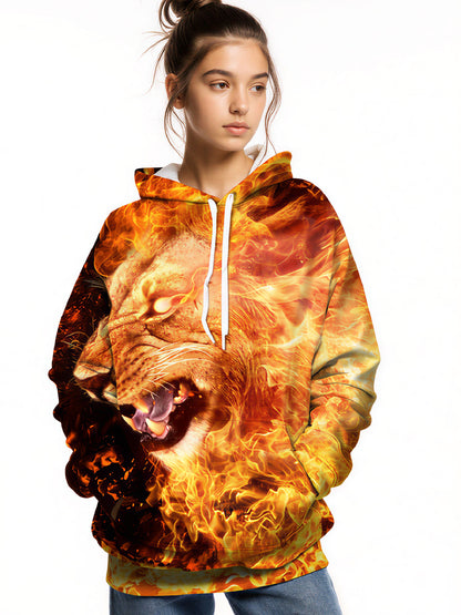 Flame Shadow Fierce Lion 3D Print Hoodie | Bold Fire Animal Graphic Streetwear