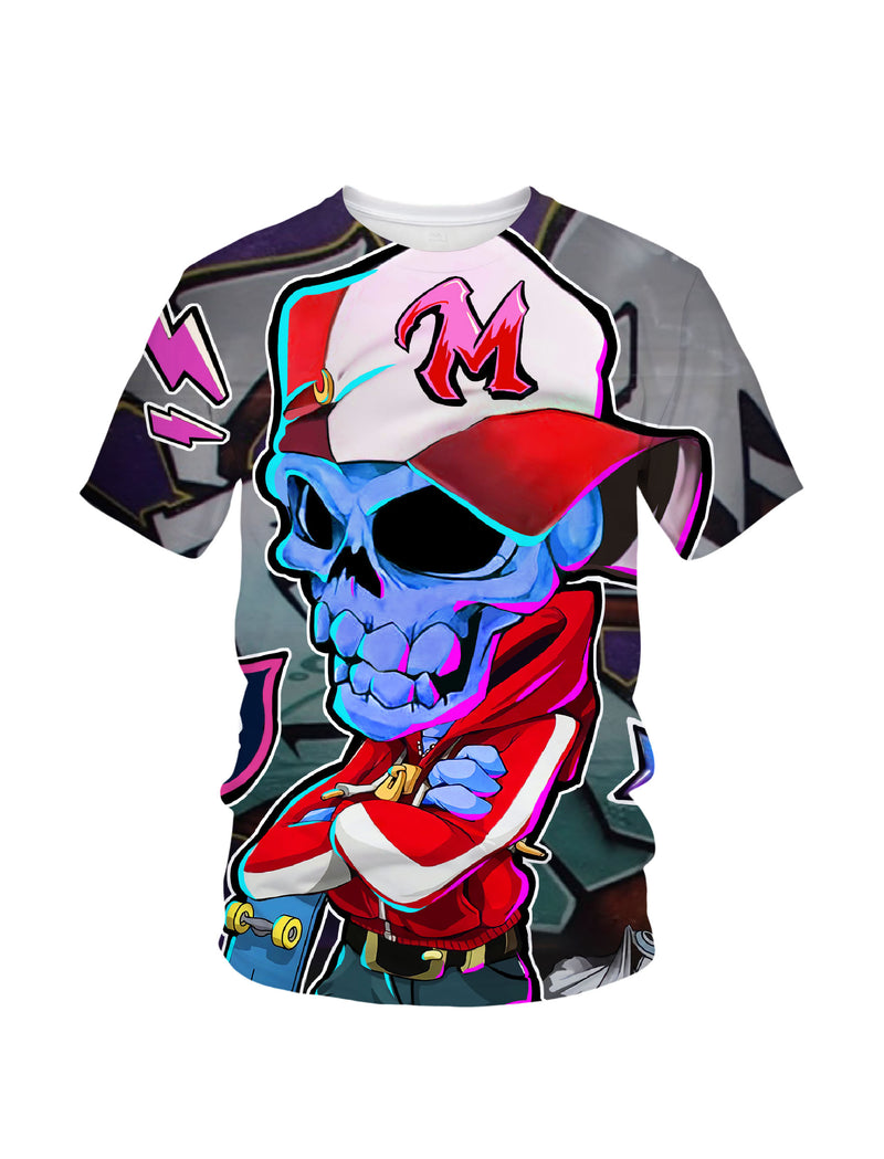 3D All Over Print Skull T-Shirt for Men Women, Streetwear Style with Neon Graphic Design