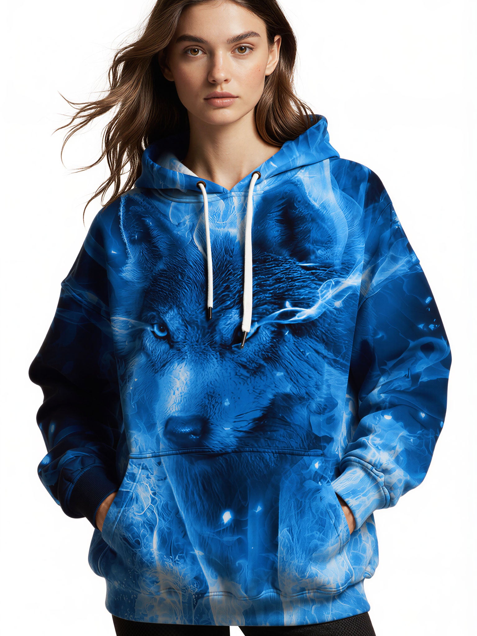 3D All Over Print Wolf Hoodie for Men Women Blue Flame Art Style