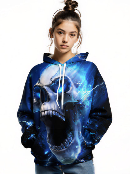Vibrant Blue Flame Skull Hoodie Unisex Gothic Fashion Statement