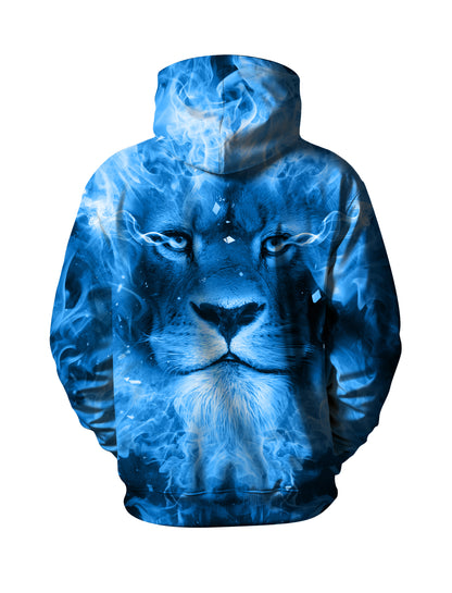 Blue Lion 3D All Over Print Hoodie for Men Women, Ice Fire Graphic Pullover Sweatshirt