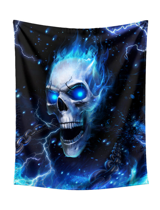 Blue Flaming Skull Biting Heavy Chains With Lightning Tapestry - Edgy Dark Art Wall Hanging for Gothic Home Decor